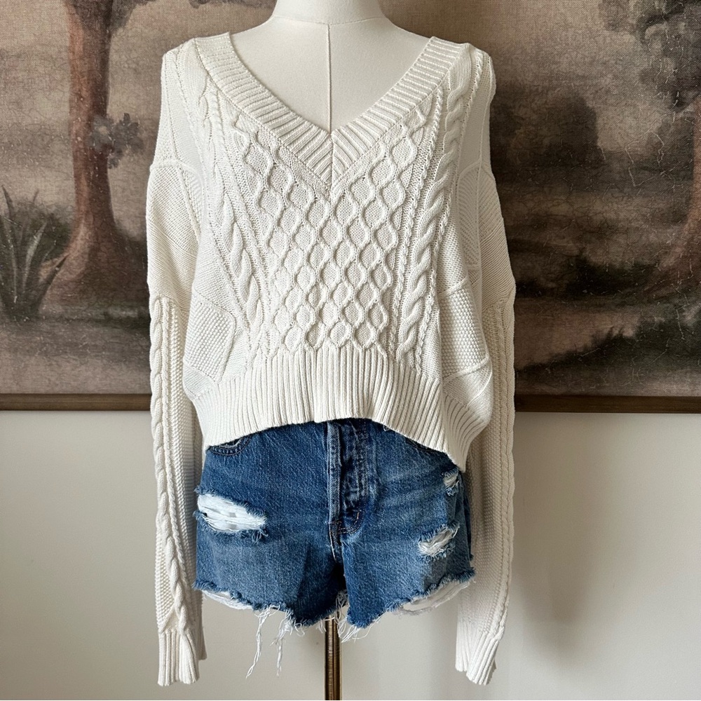 Francesca’s Blue Rain White Cable Knit V-Neck Cropped Sweater